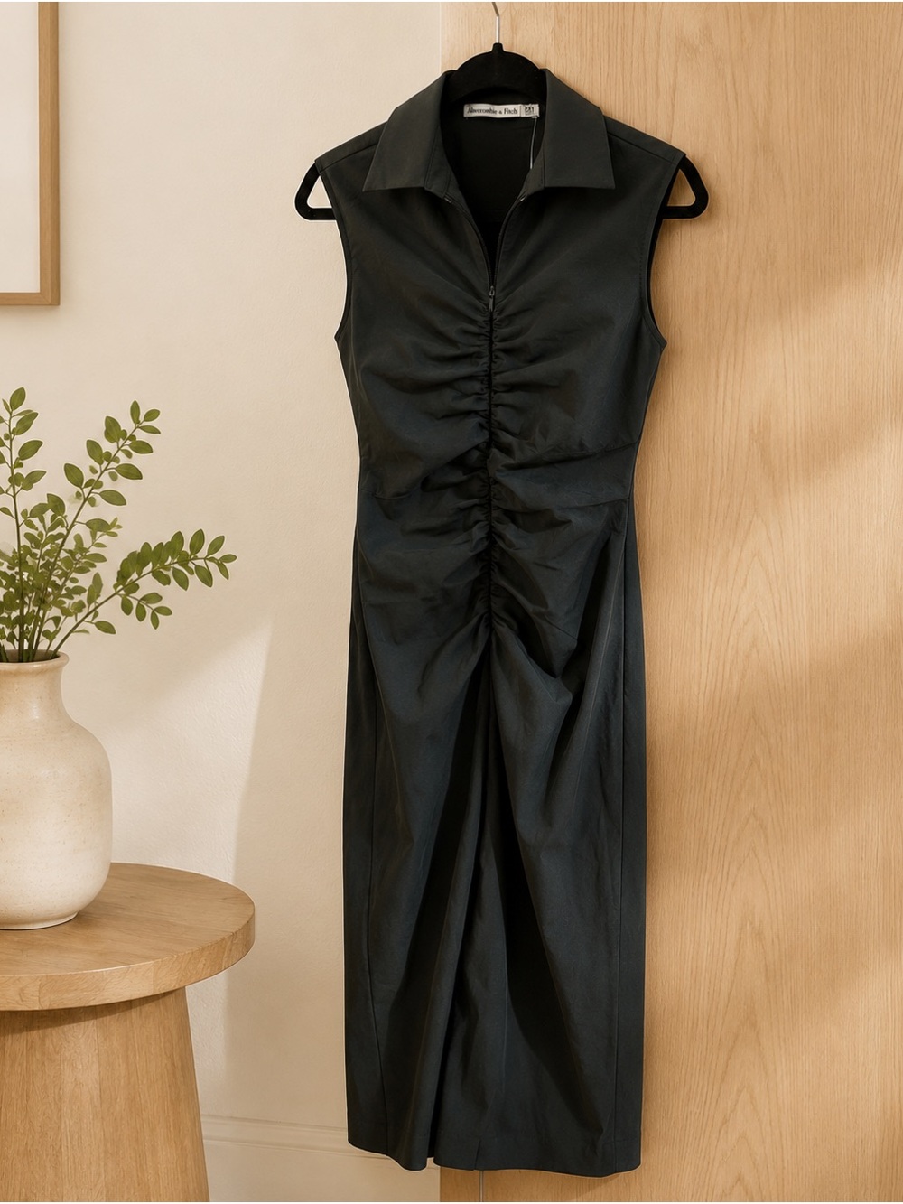 Abercrombie & Fitch Sleeveless Ruched Midi Dress in Dark Green
